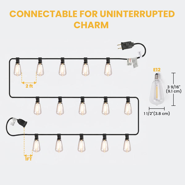 200ft String Lights for Outdoor ST38Bulbs 100ct. -4x50ft 120V